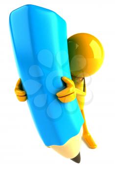 Royalty Free 3d Clipart Image of a Yellow Guy Holding a Large Pencil