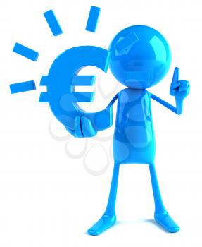 Royalty Free 3d Clipart Image of a Blue Guy Holding a Large Euro Sign