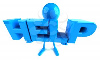 Royalty Free 3d Clipart Image of a Blue Guy Holding Large Letters that Spell Help