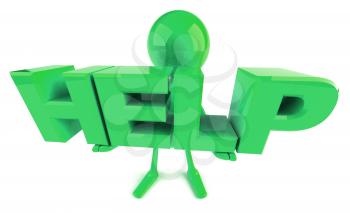 Royalty Free 3d Clipart Image of a Green Guy Holding Large Letters that Spell Help