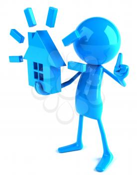Royalty Free 3d Clipart Image of a Blue Guy Holding a Model of a House