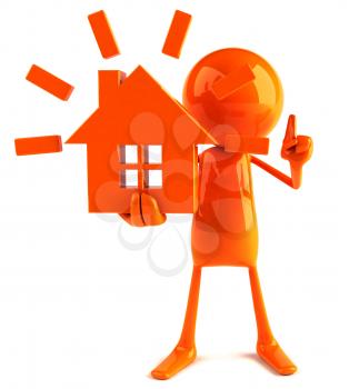 Royalty Free 3d Clipart Image of a Red Guy Holding a Model of a House