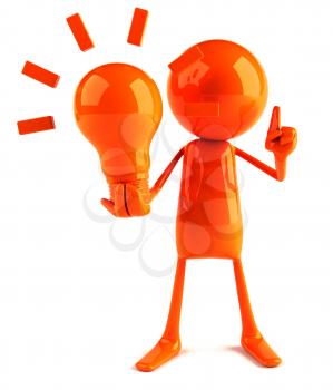 Royalty Free 3d Clipart Image of a Red Guy Holding a Large Lightbulb