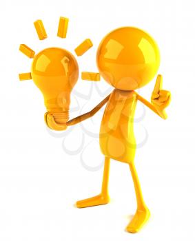 Royalty Free 3d Clipart Image of a Yellow Guy Holding a Large Lightbulb