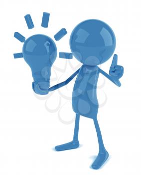Royalty Free 3d Clipart Image of a Blue Guy Holding a Large Lightbulb