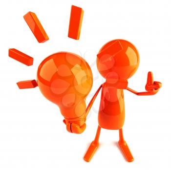 Royalty Free 3d Clipart Image of a Red Guy Holding a Large Lightbulb