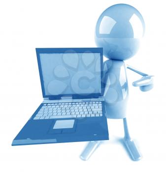 Royalty Free 3d Clipart Image of a Blue Guy Holding a Laptop Computer