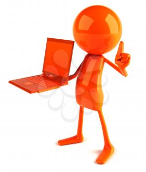 Royalty Free 3d Clipart Image of a Red Guy Holding a Laptop Computer