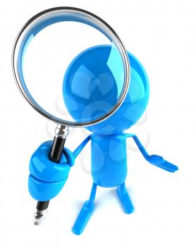 Royalty Free 3d Clipart Image of a Blue Guy Holding a Magnifying Glass