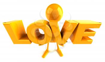 Royalty Free 3d Clipart Image of a Yellow Guy Holding Large Letters that Spell Love