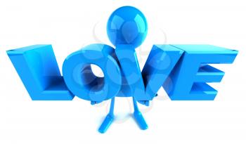 Royalty Free 3d Clipart Image of a Blue Guy Holding Large Letters that Spell Love