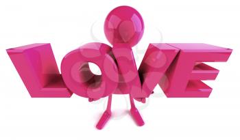 Royalty Free 3d Clipart Image of a Pink Guy Holding Large Letters that Spell Love