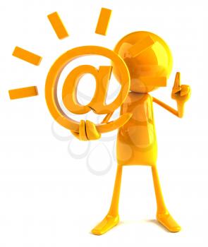 Royalty Free 3d Clipart Image of a Yellow Guy Holding a Large At Sign