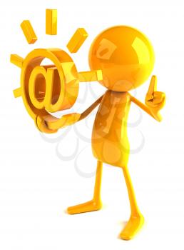 Royalty Free 3d Clipart Image of a Yellow Guy Holding a Large At Sign