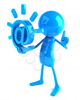 Royalty Free 3d Clipart Image of a Blue Guy Holding a Large At Sign