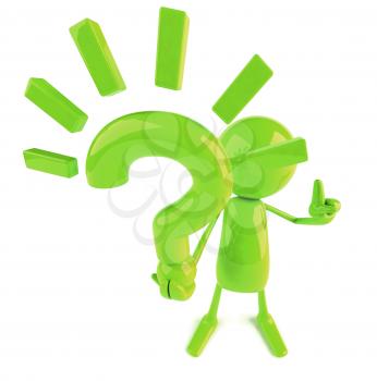 Royalty Free 3d Clipart Image of a Green Guy Holding a Large Question Mark