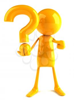 Royalty Free 3d Clipart Image of a Yellow Guy Holding a Large Question Mark