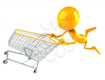 Royalty Free 3d Clipart Image of a Yellow Guy Pushing a Shopping Cart