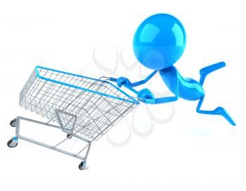 Royalty Free 3d Clipart Image of a Blue Guy Pushing a Shopping Cart