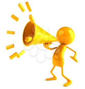 Royalty Free 3d Clipart Image of a Yellow Character Speaking into a Megaphone