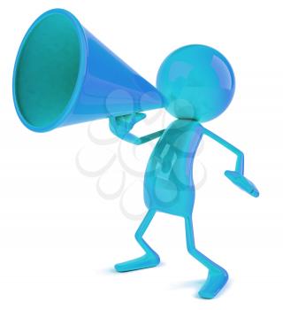 Royalty Free 3d Clipart Image of a Blue Character Speaking into a Megaphone