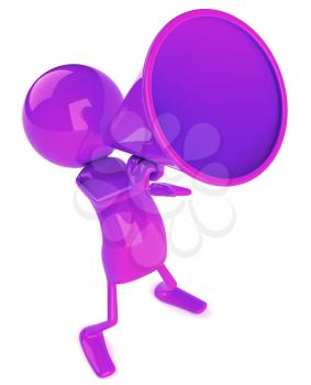 Royalty Free 3d Clipart Image of a Purple Character Speaking into a Megaphone
