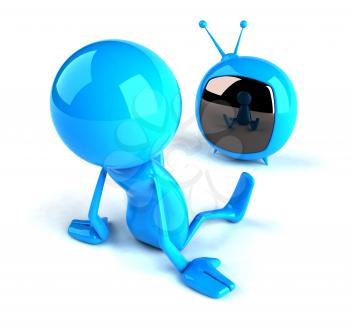 Royalty Free 3d Clipart Image of a Blue Character Sitting and Watching TV