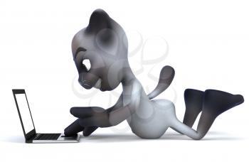Royalty Free 3d Clipart Image of a Cat Laying on the Floor With a Laptop Computer
