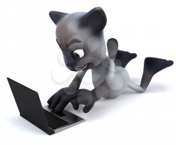 Royalty Free 3d Clipart Image of a Cat Laying on the Floor With a Laptop Computer