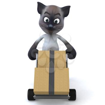 Royalty Free 3d Clipart Image of a Cat Pushing a Dolly Cart With Cartons