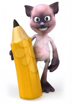 Royalty Free Clipart Image of a Pink Cat With a Pencil