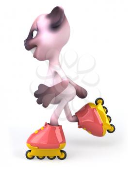Royalty Free Clipart Image of a Pink Cat on Roller Blades