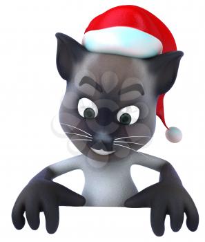 Royalty Free 3d Clipart Image of a Cat Wearing a Santa Hat and Holding a Sign Board