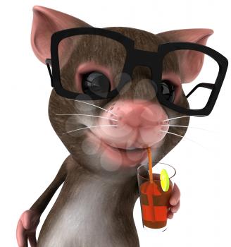 Royalty Free 3d Clipart Image of a Mouse Wearing Black Rimmed Glasses Sipping a Drink