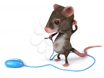 Royalty Free 3d Clipart Image of a Confused Mouse Holding the Cord of a Computer Mouse