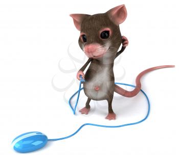 Royalty Free 3d Clipart Image of a Confused Mouse Holding the Cord of a Computer Mouse