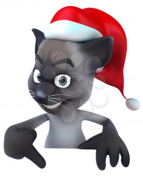 Royalty Free 3d Clipart Image of a Cat Wearing a Santa Hat and Pointing to a Sign Board