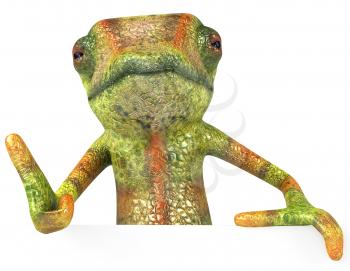 Royalty Free 3d Clipart Image of a Chameleon Holding a Sign Board