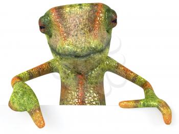 Royalty Free 3d Clipart Image of a Chameleon Pointing to a Sign Board