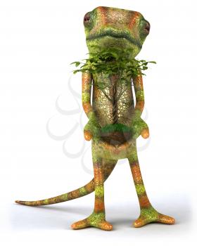 Royalty Free 3d Clipart Image of a Chameleon Holding a Small Tree