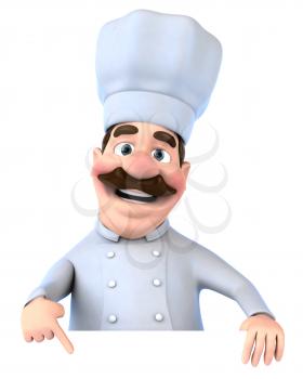 Royalty Free 3d Clipart Image of a Chef Pointing to a Sign Board