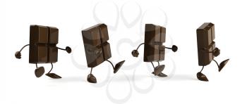 Royalty Free Clipart Image of a Group of Chocolate Pieces Walking in a Row