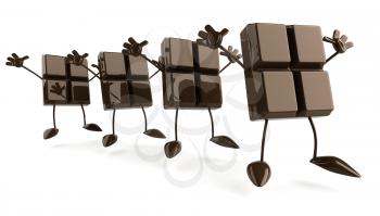 Royalty Free Clipart Image of a Row of Chocolate Pieces Jumping and Waving