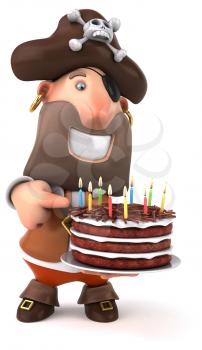 Fun pirate cartoon character with a birthday cake