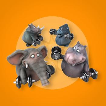 Fit hippo, rhino, elephant and gorilla - 3D Illustration