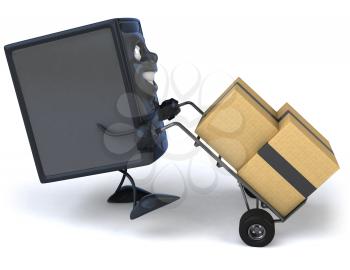 Royalty Free 3d Clipart Image of a Computer Pushing a Dolly Cart with Boxes on it