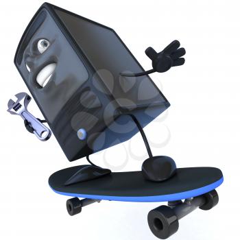 Royalty Free 3d Clipart Image of a Computer Riding a Skateboard Holding a Wrench