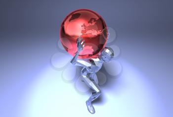 Royalty Free 3d Clipart Image of a Man Carrying a Red Globe on His Back