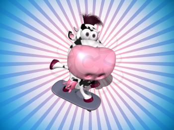 Royalty Free 3d Clipart Image of a Cow Riding a Skateboard