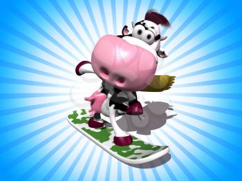 Royalty Free 3d Clipart Image of a Cow Riding a Snowboard